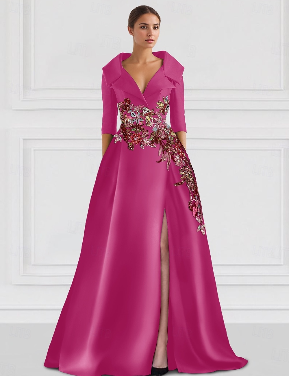 abito da sera a trapezio floreale blu ricamato elegante abito formale da sposa lungo fino al pavimento mezza manica colletto camicia raso con spacco 2025 del 2025 a $159.99 –P5