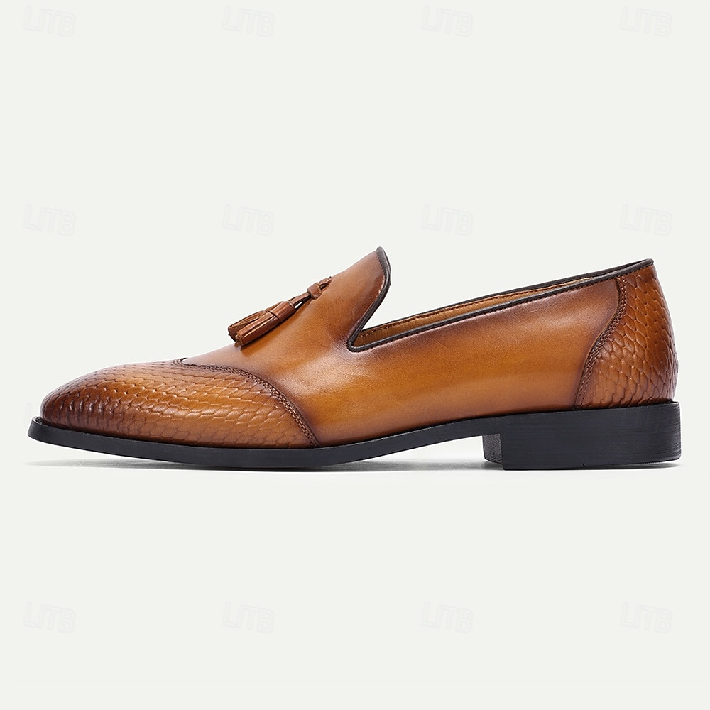 solbrända läderloafers för män med ormtrycksdetaljer och tofsaccent – förstklassiga slip-on klänningskor av kohud för affärer, högtidliga tillfällen och vardagsbruk 2025 - $94.99 –P5