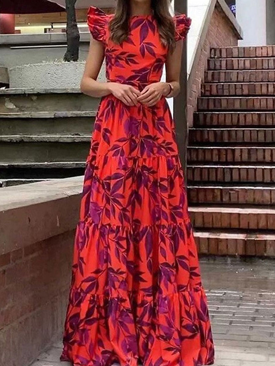 Women's Maxi Dress Corset Dress Wrap Dress A Line Dress Ruffle Dress Bohemia Vintage Boho Flared Sleeve Vacation Holiday Cocktail Party Floral Graphic Short Sleeve Crew Neck Red 2025 - $27.99 –P1