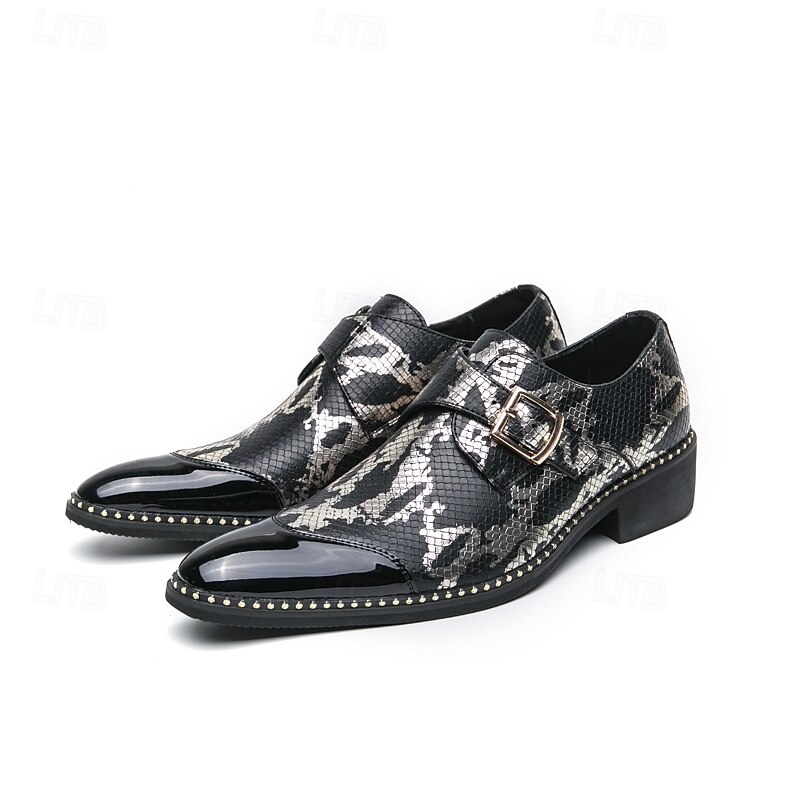 mocassins à imprimé serpent noir et blanc pour hommes avec détails en cuir verni et boucle – chaussures à enfiler élégantes pour les occasions formelles et décontractées de 2025 ? $46.99 –P3