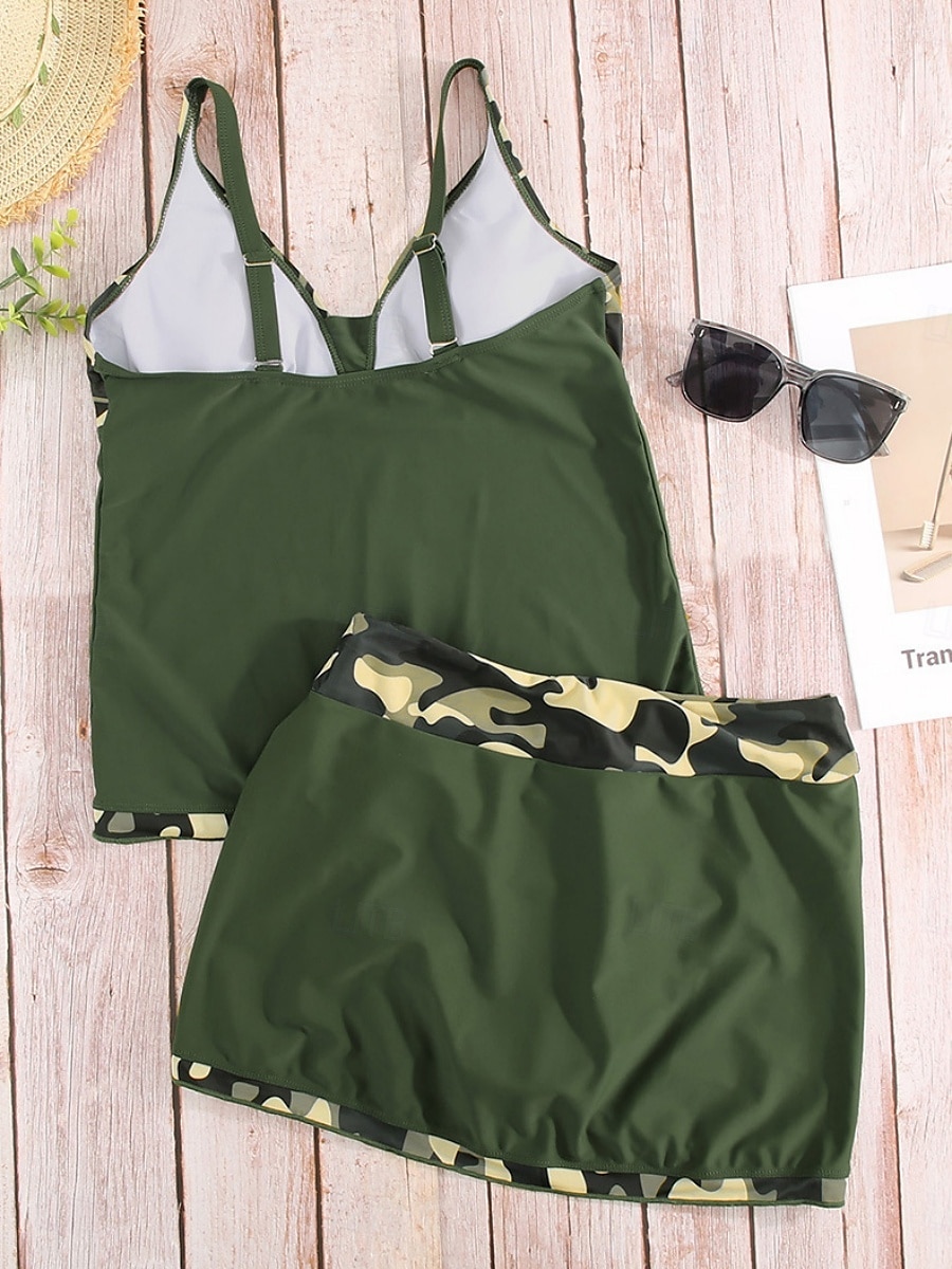 Dam Badkläder Tankini 2 st Kjol Baddräkt Öppen rygg Hög midja Semester Standkläder Leopard V-hals Ärmlös Baddräkter 2025 - $51.99 –P7