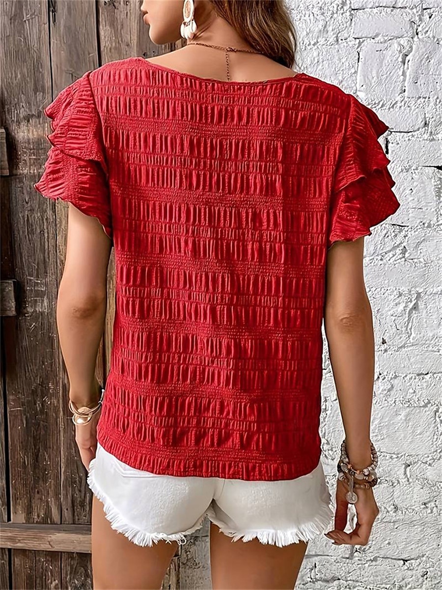 Women's Blouse Solid Color Elegant Daily Stylish Short Sleeve Crew Neck Regular Tops Daily Holiday Going out Ruffle Patchwork Sage Green Red Navy Blue Purple Green Summer Spring 2025 - $22.99 –P10
