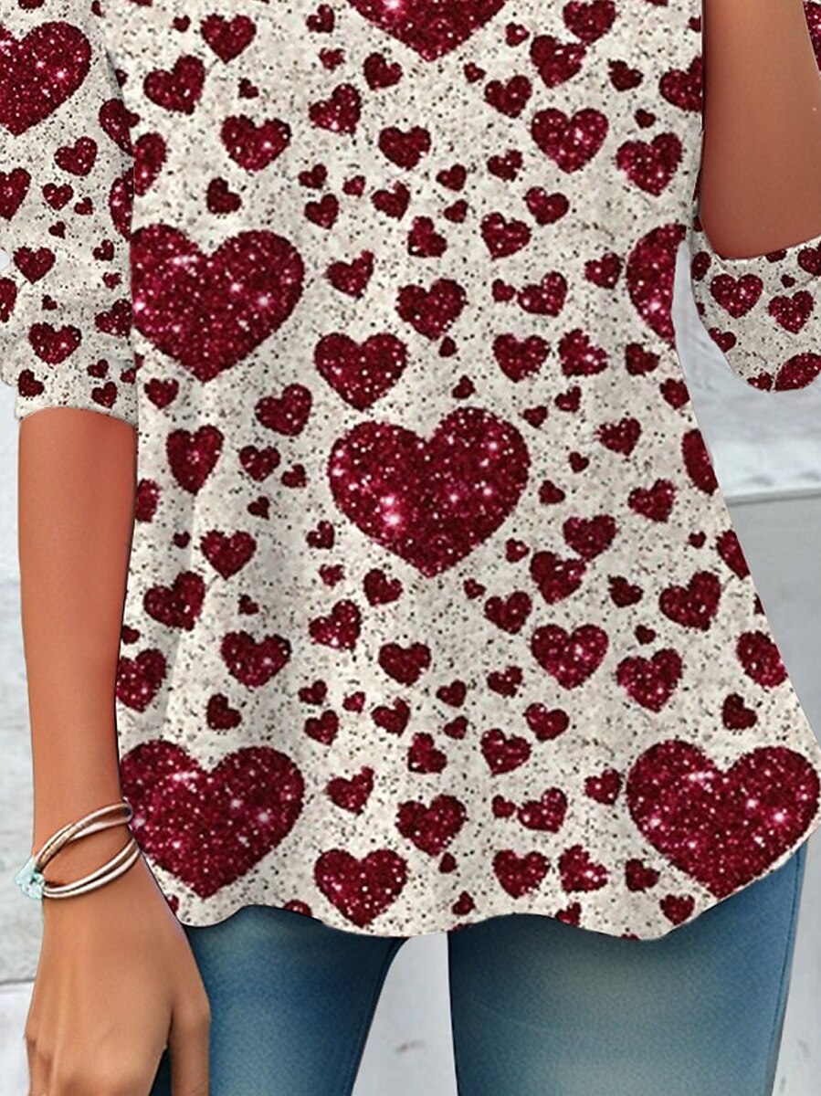 Valentinsdag Dame T skjorte Hjerte Fritid Langermet Crew-hals Vanlige topper Daglig Trykt mønster Rød Vår Høst 2025 - $22.99 –P3