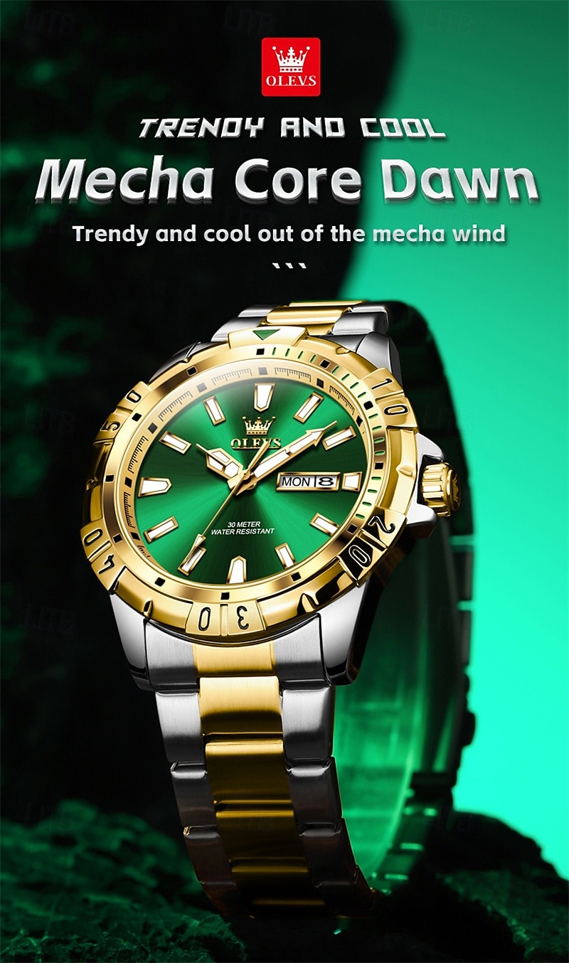 Il nuovo orologio da business da uomo del marchio Olevs orologio classico verde fantasma d'acqua visualizzazione del calendario settimana orologio al quarzo impermeabile moda sportiva del 2025 a $38.99 –P4