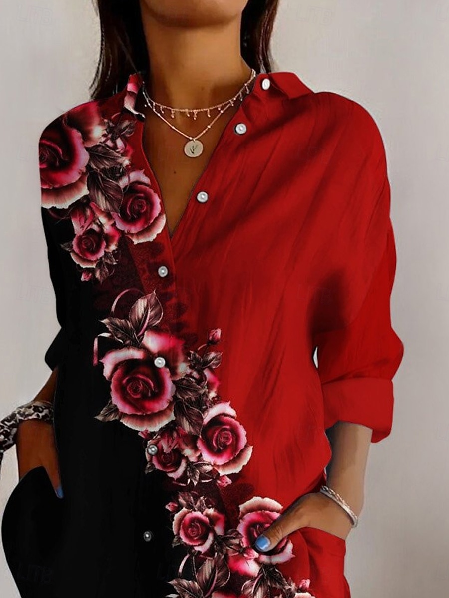 Damenhemd Langarm Knopfbluse Blumengrafik Alltag Stilvoll Retro Vintage Hemd Kragen Reguläre Tops Alltag Feiertag Ausgehen Knöpfe Rot Khaki Sommer Frühling 2025 - $32.99 –P5