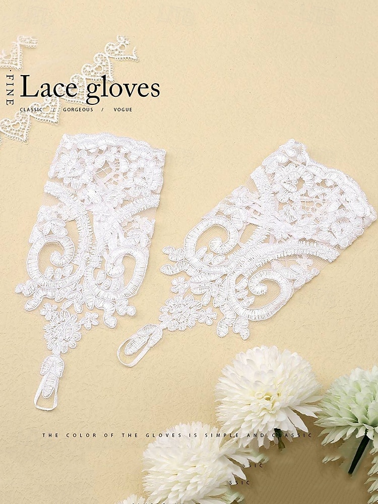 elegante hvite blonde brudehansker – vintage fingerløse bryllupshansker med blomsterbroderi for bruder og formelle arrangementer 2025 - $11.99 –P3