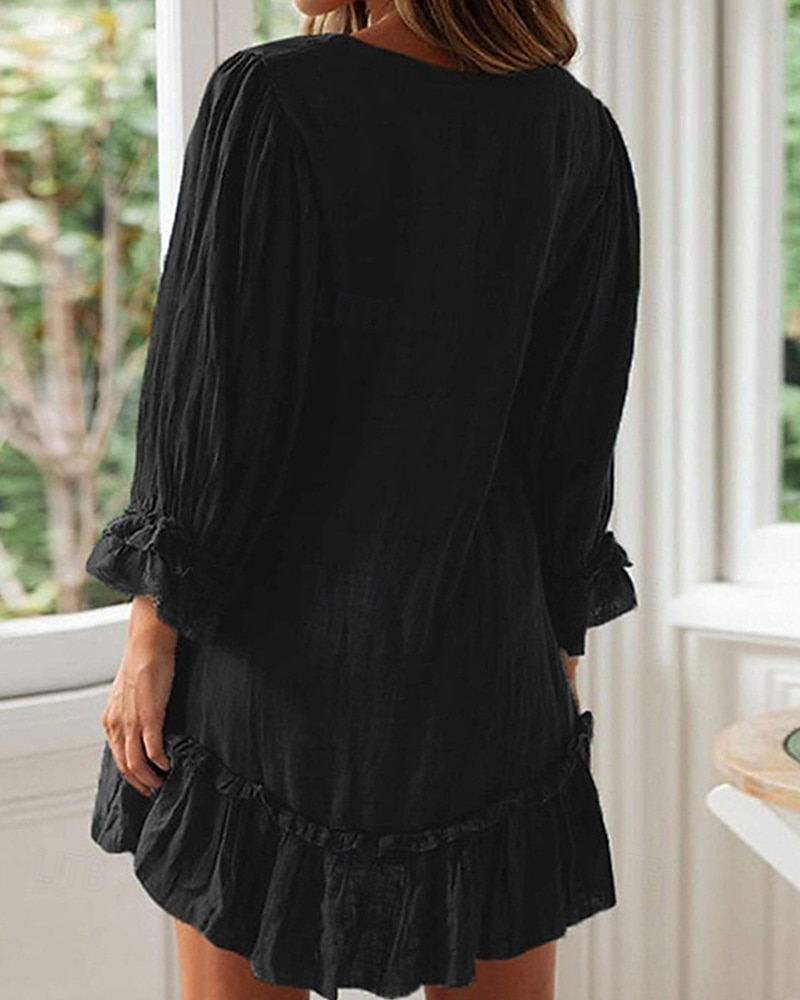 Damen Minikleid Leinen-inspirierte Kleider Freizeitkleid Baumwoll-Leinenkleid Stilvoll Lässig Urlaub Täglich Date Normale Passform Einfach Langarm V Ausschnitt Schwarz Beige Leicht Blau Sommer 2025 - $26.99 –P9