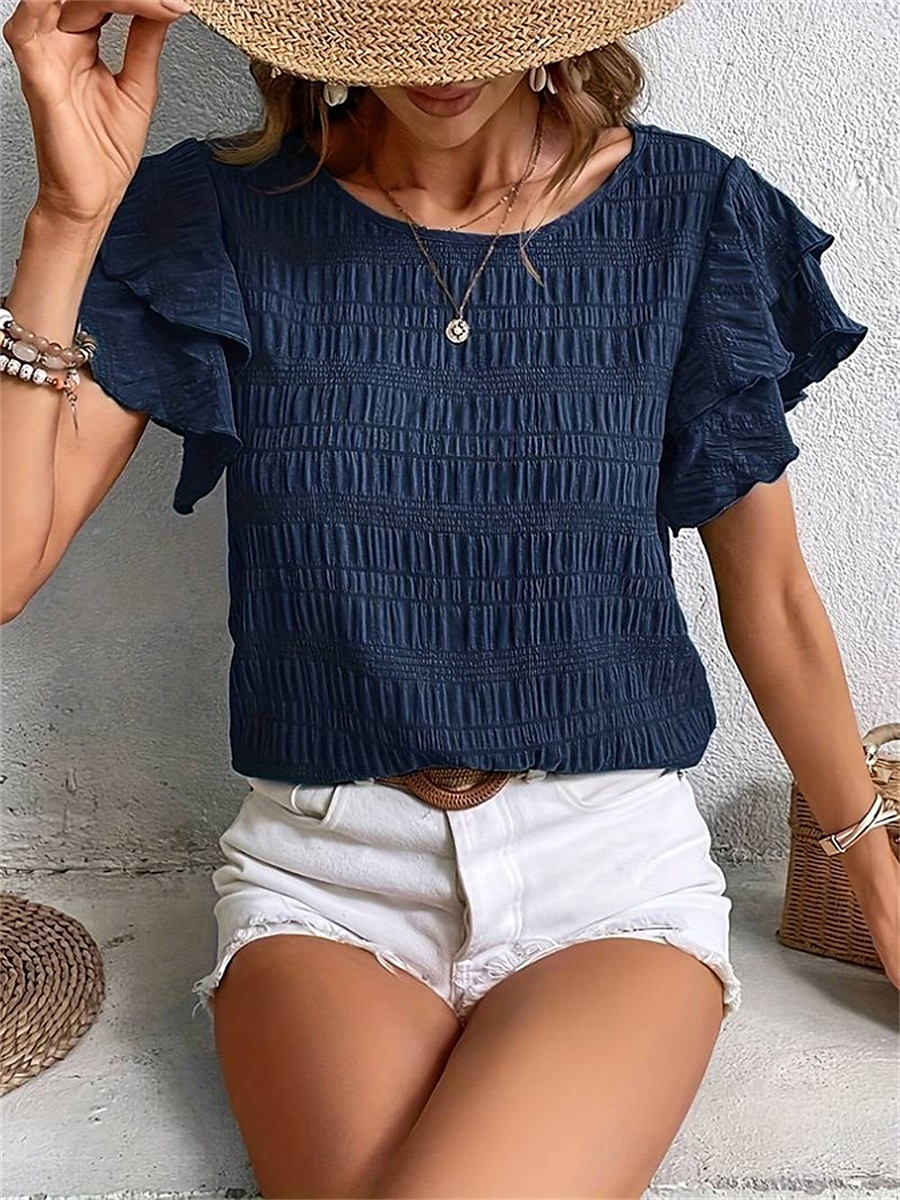 Women's Blouse Solid Color Elegant Daily Stylish Short Sleeve Crew Neck Regular Tops Daily Holiday Going out Ruffle Patchwork Sage Green Red Navy Blue Purple Green Summer Spring 2025 - $22.99 –P2