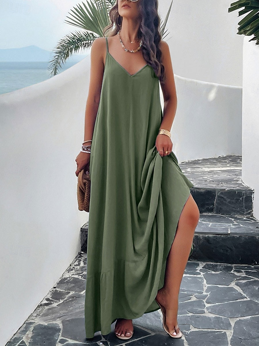 Damen Maxi Kleid Strandkleid Slip Kleid Urlaub Strandurlaub Unifarben Lässig Täglich Lockere Passform Grafik Ärmellos Träger Schwarz Rot Himmelblau Grün Sommer 2025 - $41.99 –P16