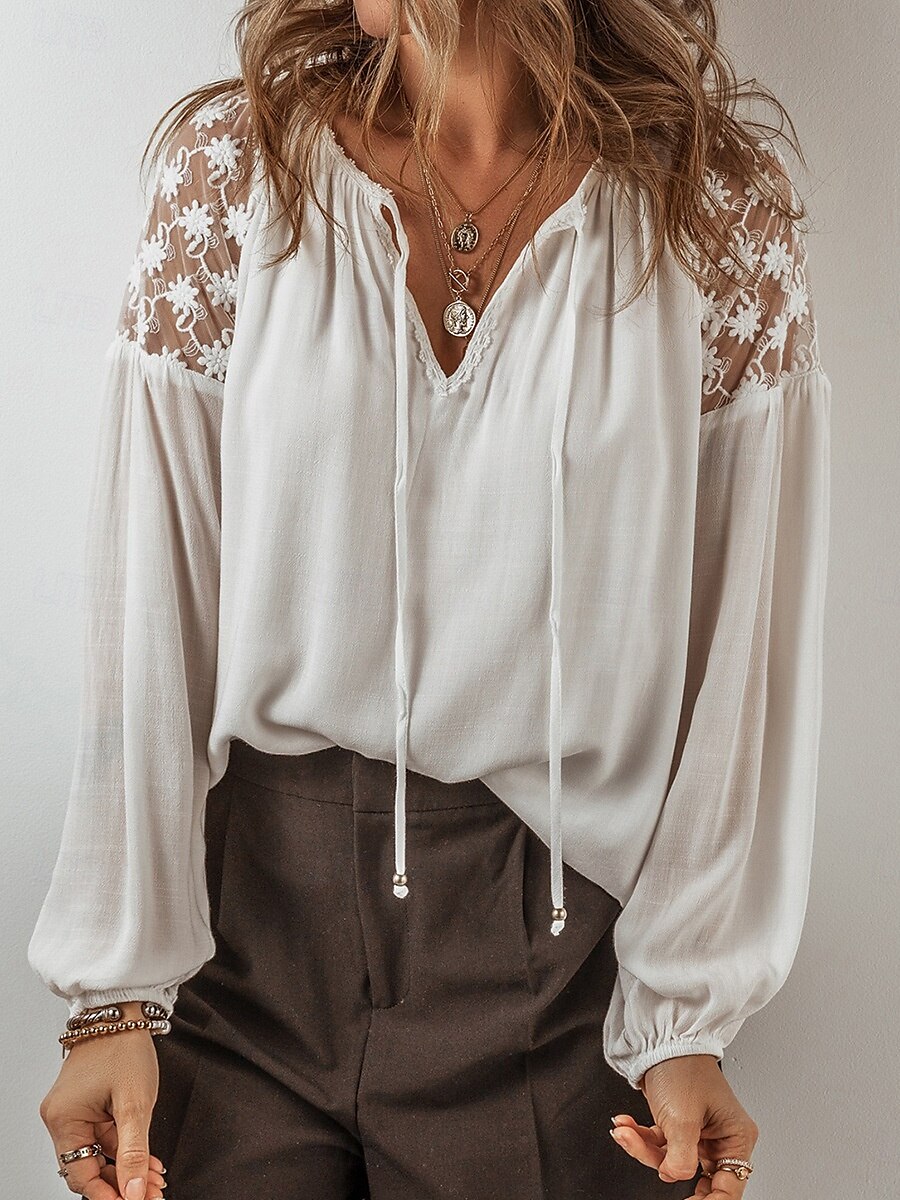 Damen Bluse Feste Farbe Stilvoll Brautkleider schlicht Langarm V Ausschnitt Normale Oberteile Arbeit Täglich Festtage Spitze Patchwork Weiß Frühling Herbst Winter 2025 - $32.99 –P3
