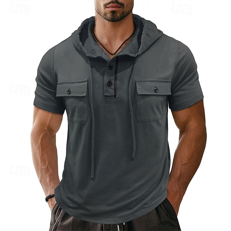 Men's T Shirt Henley Shirt Tee Short Sleeve Shirt Short Sleeve Hooded Henley Summer Spring Color Block Fashion Designer Basic Drawstring Vacation Street Going out Black Khaki Light Grey Top Tee for 2025 - $26.99 –P7