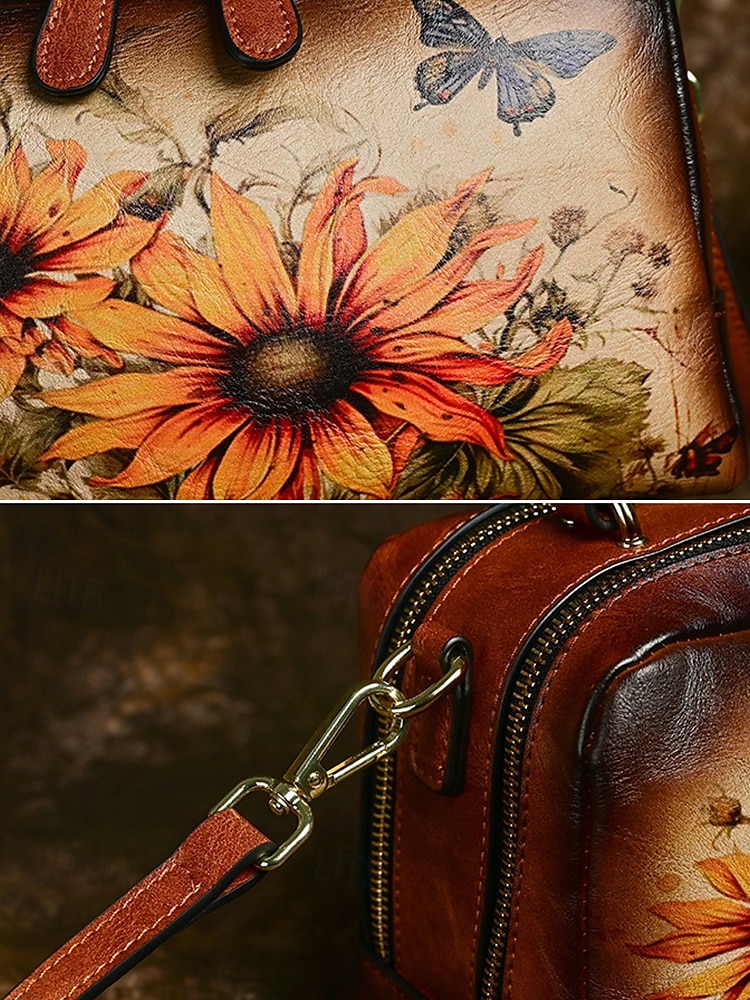 torebka ze skóry vintage z nadrukiem słonecznika i motyla – stylowa torebka typu crossbody dla kobiet, idealna na co dzień i na wyjścia na zewnątrz czerwony brązowy zielony 2025 - $64.99 –P6