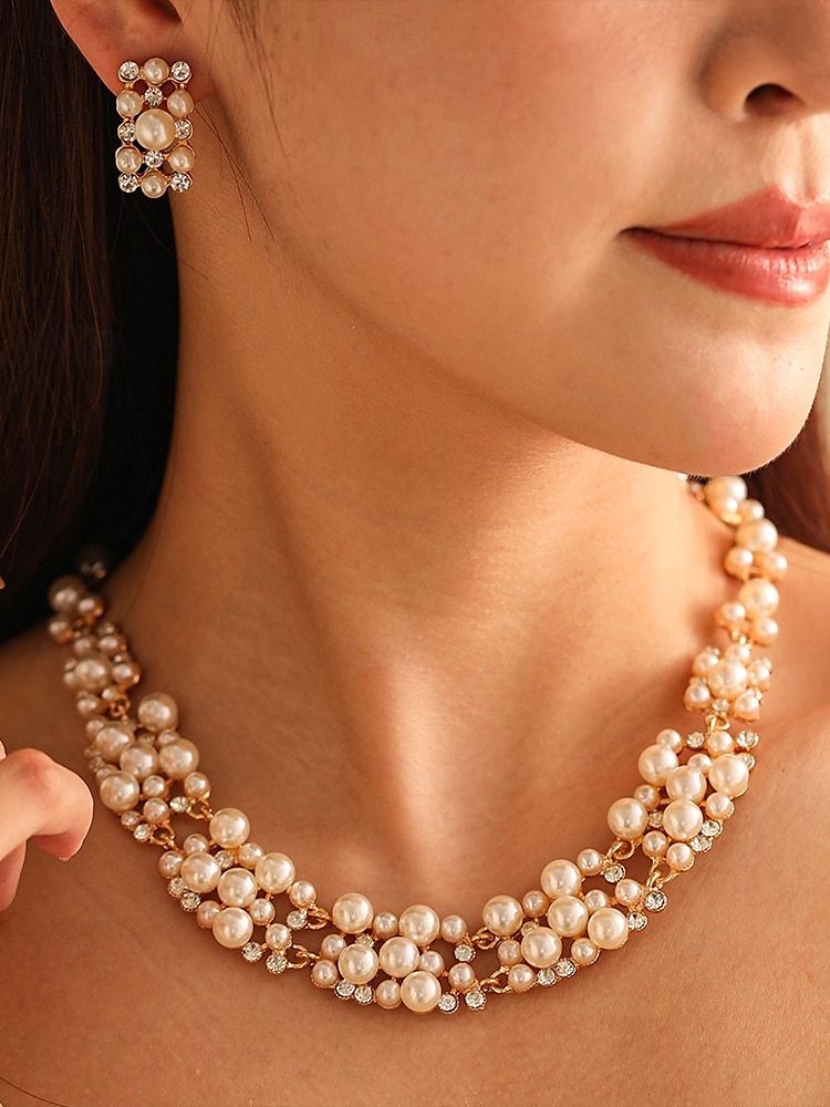 Conjunto de collar y pendientes de perlas de imitación de lujo: elegante joyería nupcial bañada en oro para bodas, fiestas y eventos formales 2026 - $11.99 –P2