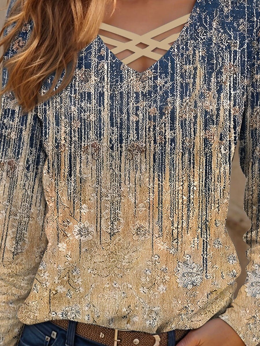 Femme T shirt Graphic Dégradé Décontractées manche longue Col V Hauts réguliers du quotidien Découpé Imprimer Kaki Printemps Automne de 2025 ? $22.99 –P3