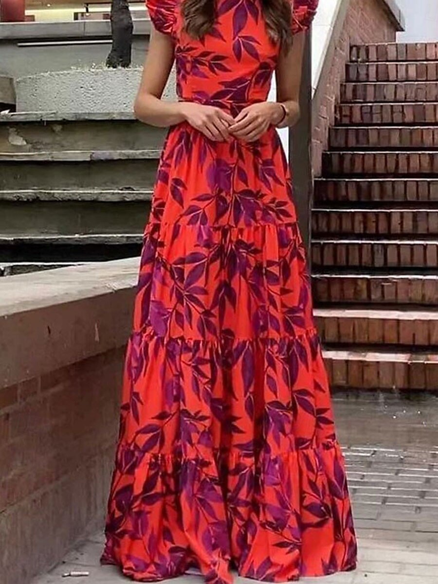 Women's Maxi Dress Corset Dress Wrap Dress A Line Dress Ruffle Dress Bohemia Vintage Boho Flared Sleeve Vacation Holiday Cocktail Party Floral Graphic Short Sleeve Crew Neck Red 2025 - $27.99 –P4