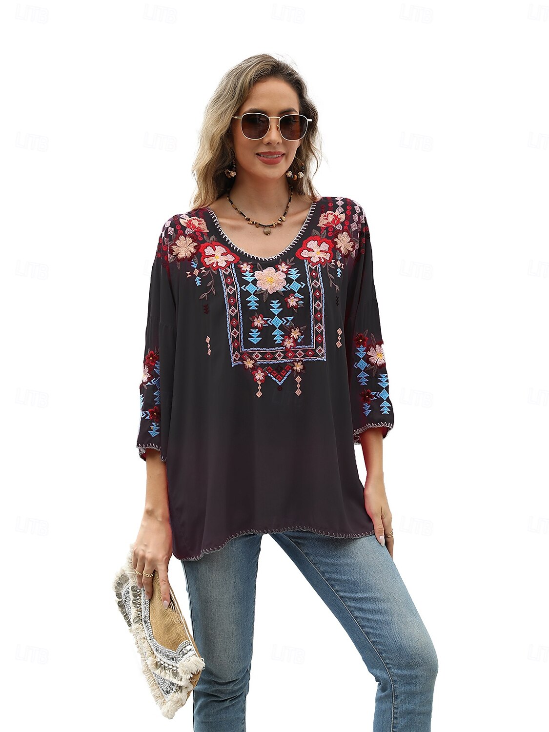 Dame Boho skjorte Helfarge Blomstret Bohem Daglig Luksuriøs 3/4 ermer 3/4-ermer Crew-hals Vanlige topper Arbeid Daglig Ut på byen Broderi Svart Gul Rose Rosa Sommer 2025 - $52.99 –P2