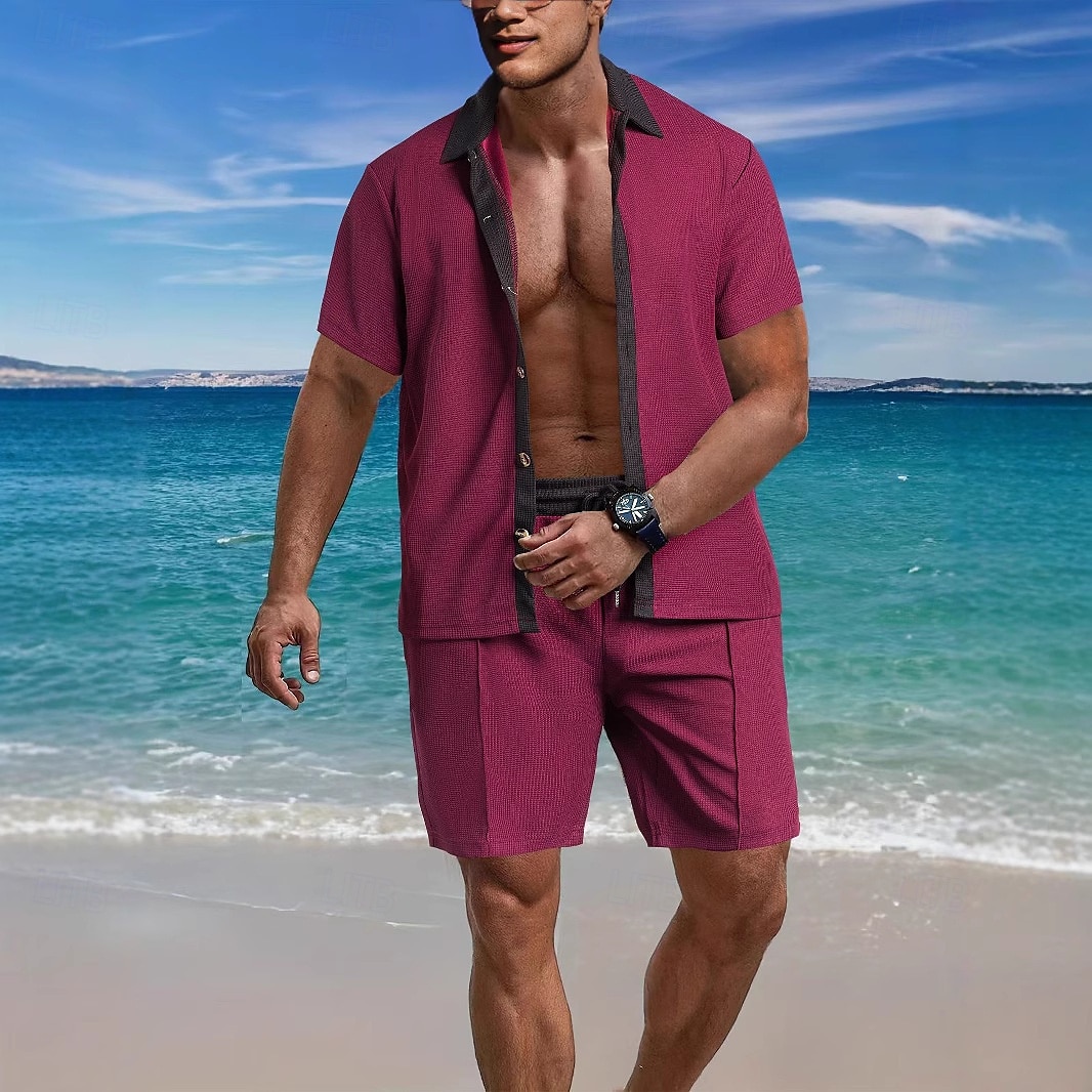 Per uomo Camicia a cialda 2 pezzi Completo di camicia Set estivo Set abbinati Maglietta informale Liscio Da mare Giornaliero Nero Bianco Rosso Verde Manica corta Colletto Estate Abbigliamento del 2025 a $31.99 –P7