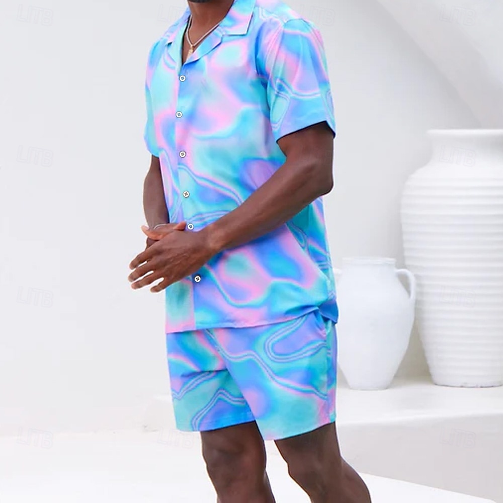 Voor heren Kleurblokpatroon 2 stuks Overhemden Sets Overhemd Korte mouw Korte broek Cubaanse kraag Vakantie Casual / Dagelijks Feest Casual Dagelijks 3D-afdrukken Zomer Roodborstje Rood 2025 - $37.99 –P1