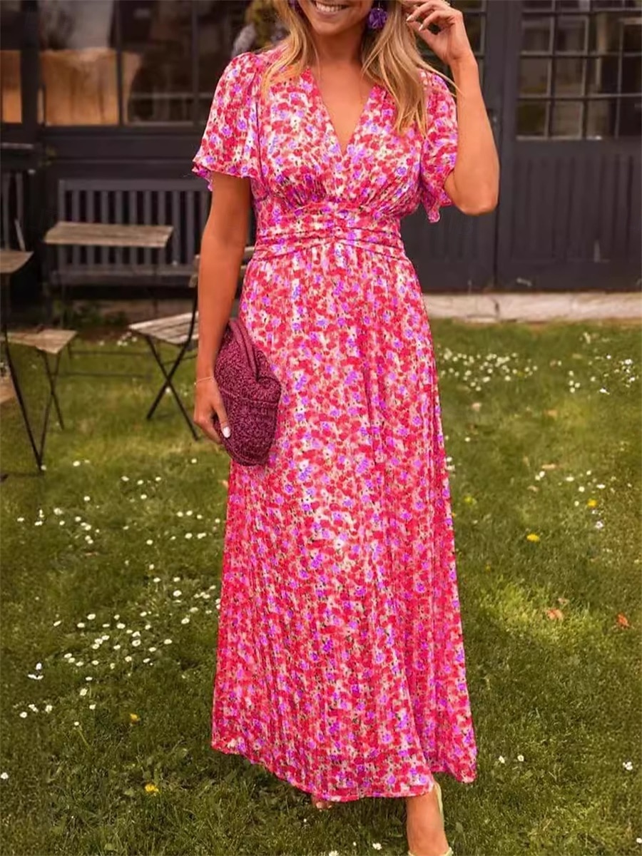 Dam Maxiklänning A linjeklänning Blommig klänning Stylish Ledigt Semester Ledigt Dagligen Normal Blommig Kortärmad V-hals Rodnande Rosa Blå Orange Grön Sommar Vår 2025 - $36.99 –P1