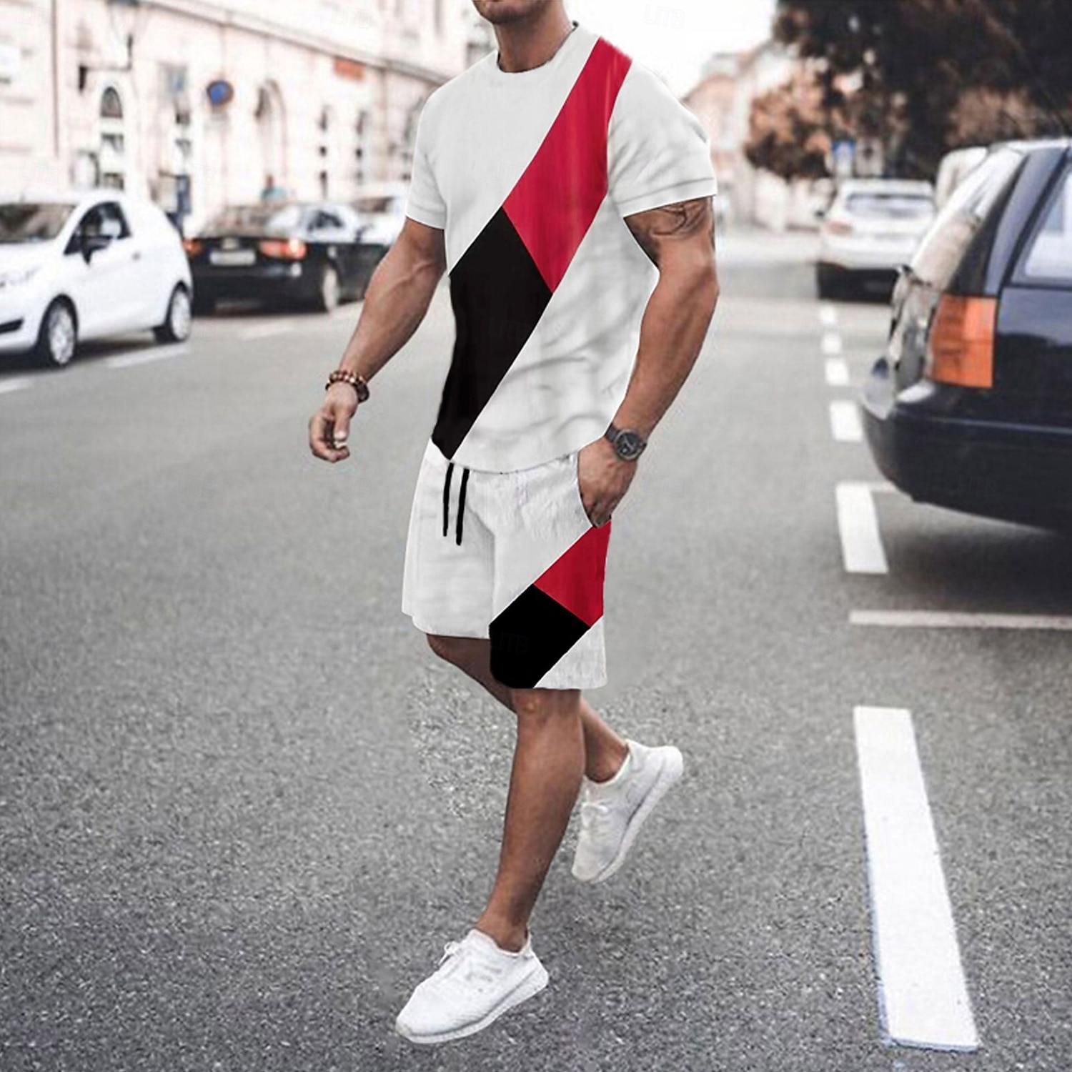 Men's T-shirt Suits 2 Pieces Outfits Tee & Shorts Short Sleeve Crewneck Summer Color Block Fashion Casual 2 Piece Vacation Daily Wear Going out Black White Green Top Tee for Men 2025 - $25.99 –P4