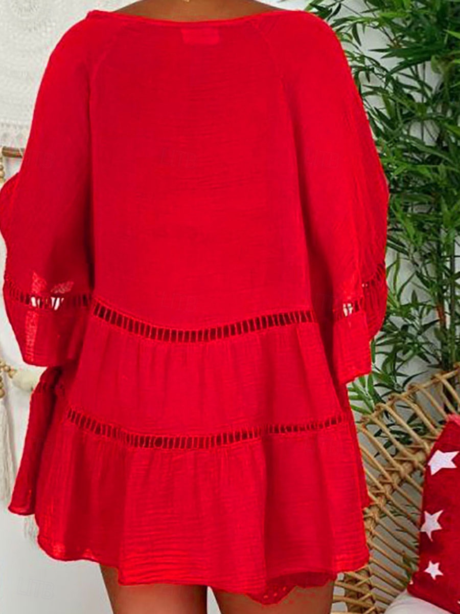 Pentru femei Rochie Mini Rochii de in bumbac Rochie casual Elegant Epocă Stilat Mânecă evazată Vacanță Casual Zilnic Potrivire Largă Simplu Lungime Manșon 3/4 În V Alb Galben Roșu-aprins Maro Var 2025 - $26.99 –P5