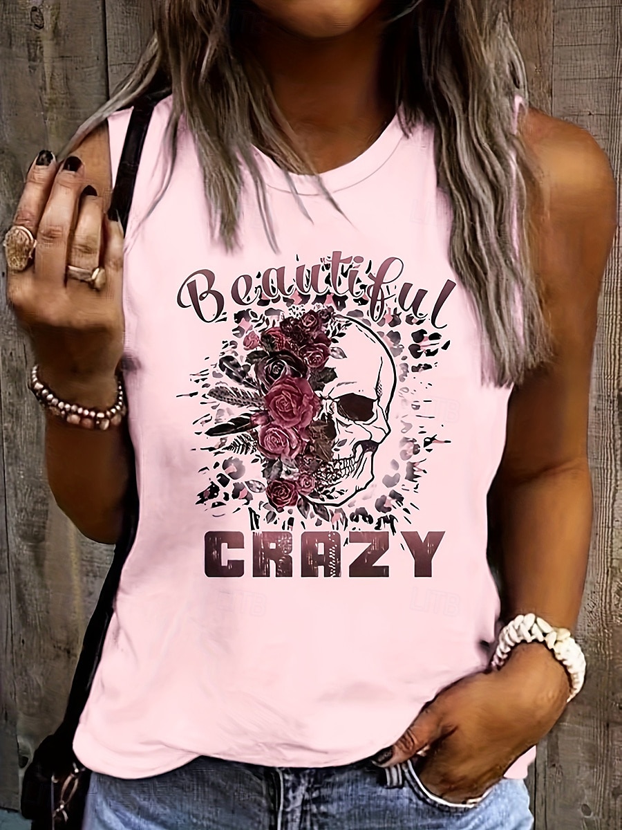 Női T-Shirt Virágos Koponya Stílusos Hétköznapi Ujjatlan Kerek Nyak Normál Felsők Napi Nyomtatás Fehér Rózsaszín Nyár 2025 - $17.99 –P1
