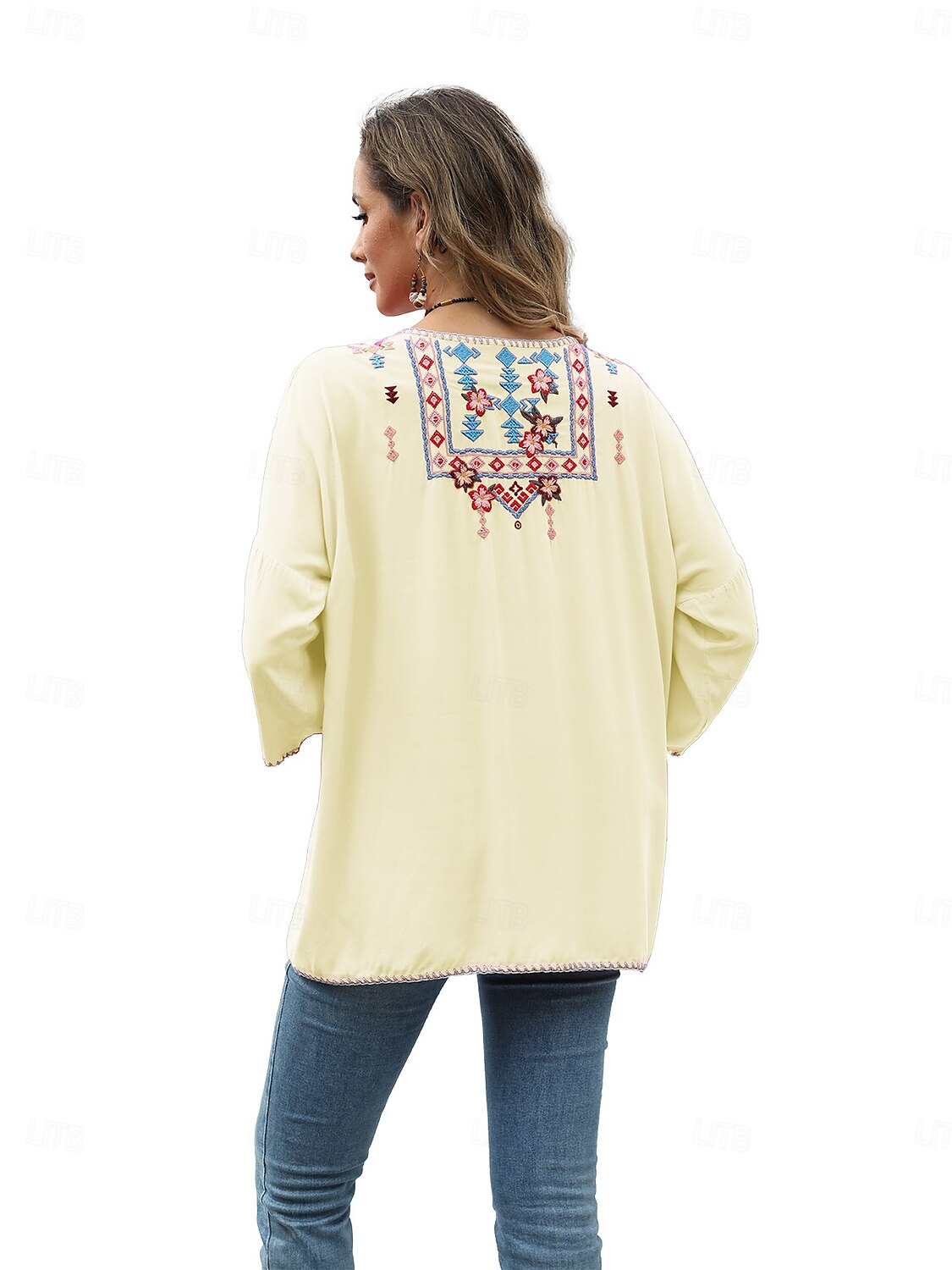 Dame Boho skjorte Helfarge Blomstret Bohem Daglig Luksuriøs 3/4 ermer 3/4-ermer Crew-hals Vanlige topper Arbeid Daglig Ut på byen Broderi Svart Gul Rose Rosa Sommer 2025 - $52.99 –P17