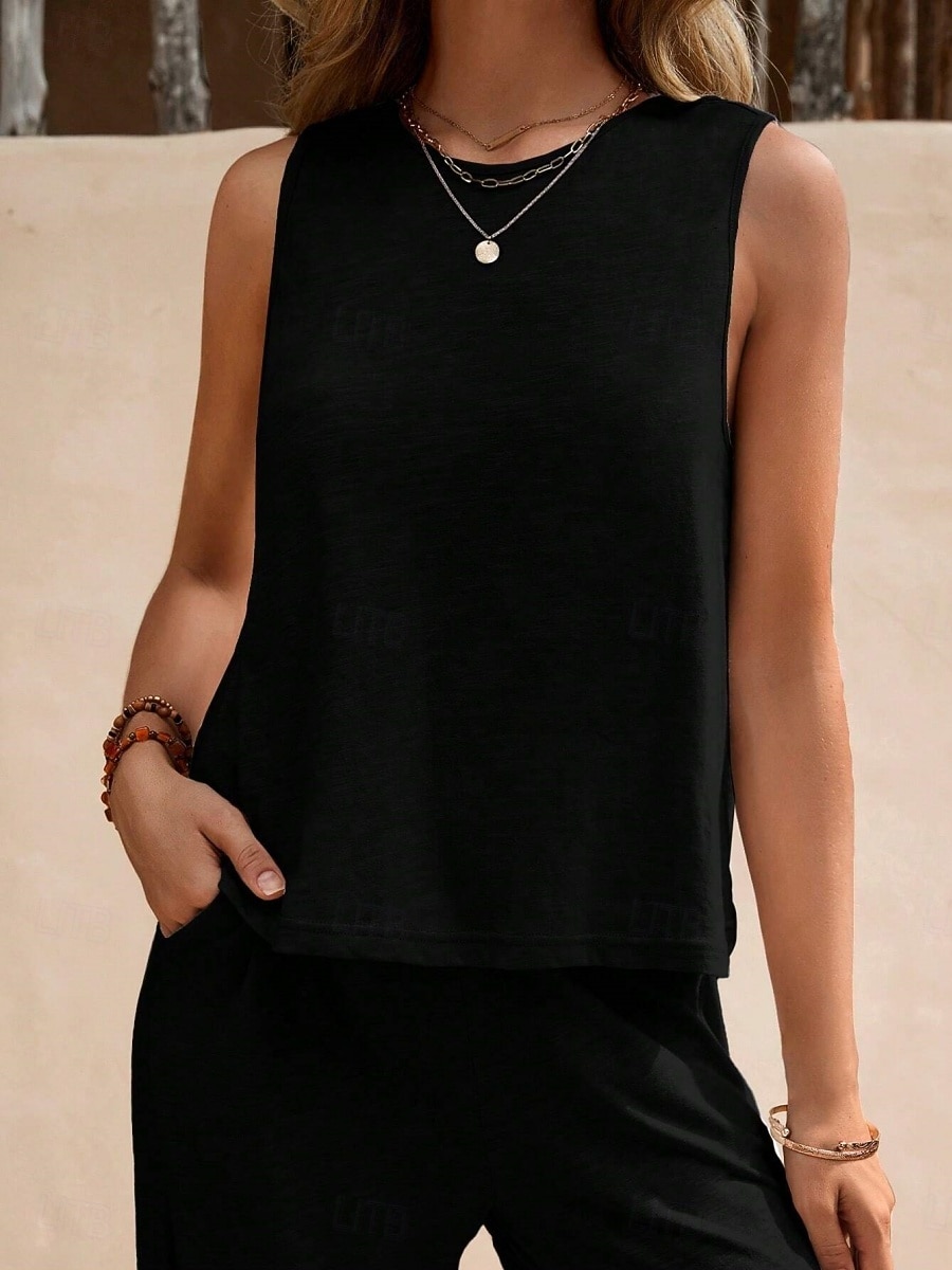 Women's Shirt Linen-feel Set Two Piece Sets Wide Leg Pants Sleeveless Crew Neck Plain Fashion Streetwear Daily Casual Daily Black Yellow Army Green Summer Regular Fit 2026 - $10.49 –P9