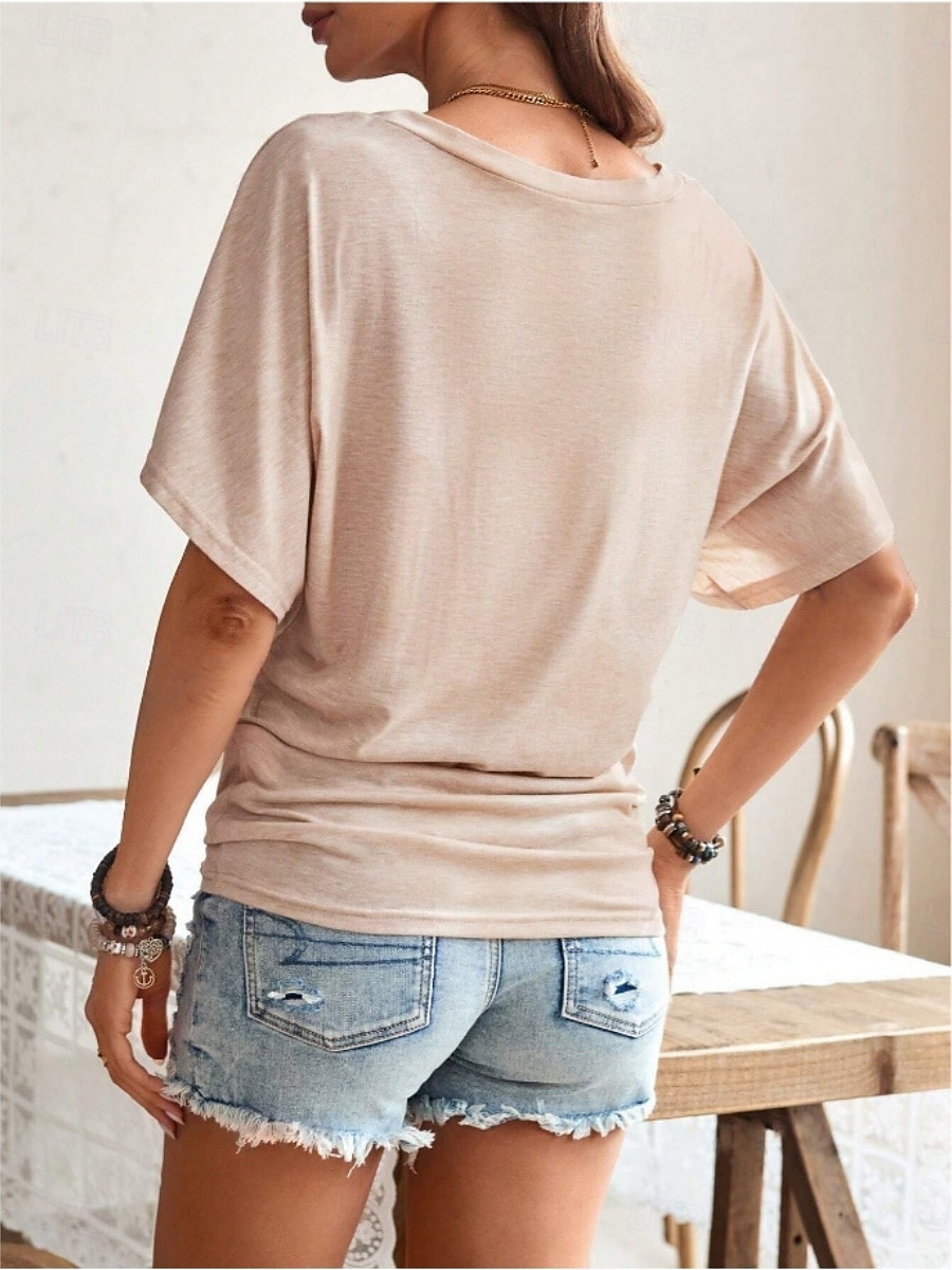 T- shirt pour femmes Couleur Unie Basique Décontractée Manches 3/4 Col Ronde Hauts Quotidiens Noir Rouge Abricot Gris Été Printemps de 2025 ? $17.99 –P12