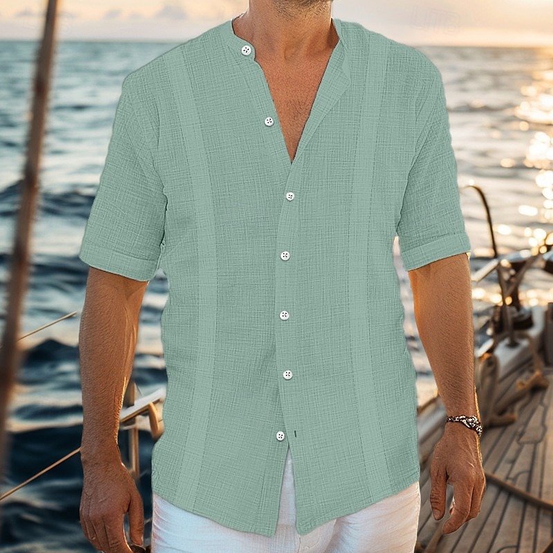 Per uomo Camicia camicia di lino Camicia Guayabera Camicia con colletto a fascia Camicia estiva Abbigliamento mare Liscio Da mare Curise Nero Bianco Blu Verde Manica corta Colletto Estate del 2025 a $22.99 –P6