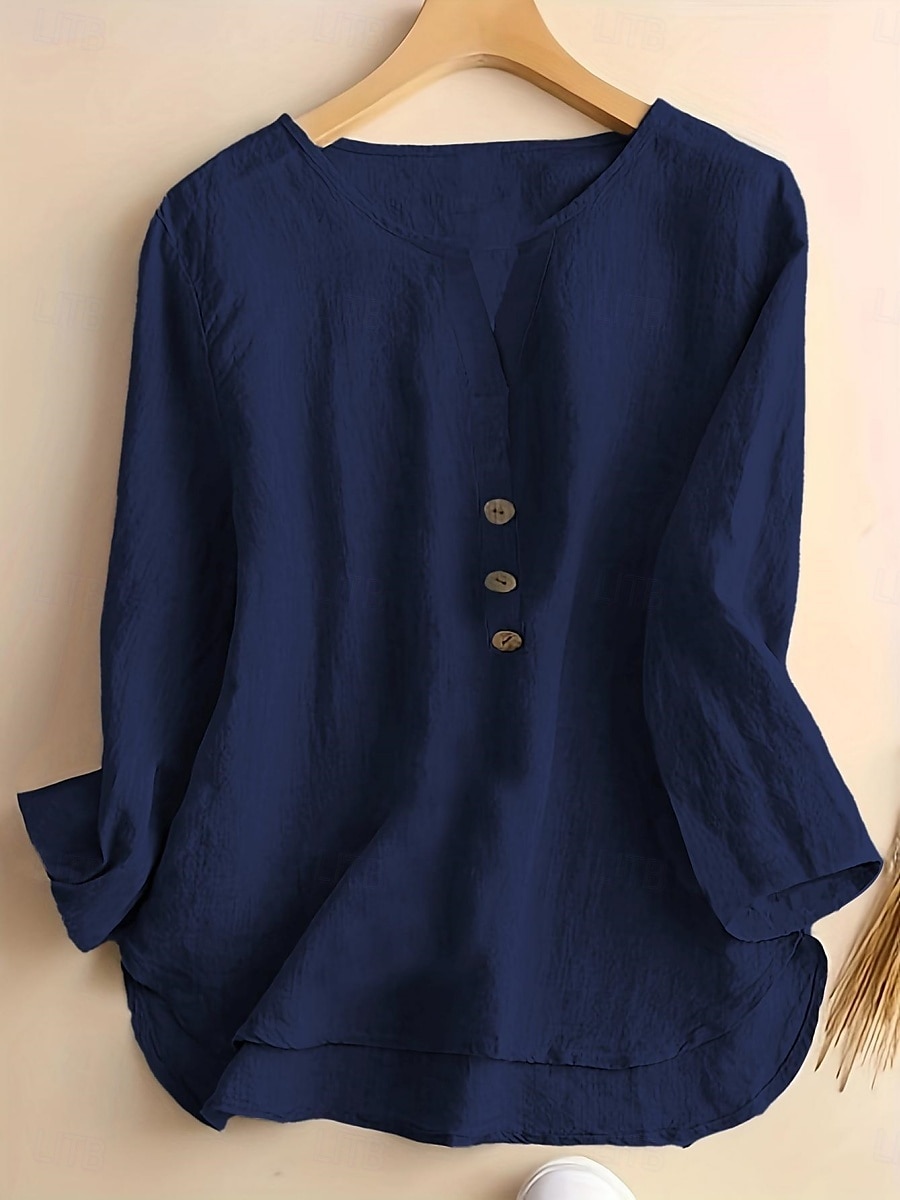 Femme Chemise Chemisier Couleur unie mode Décontractées Manches 3/4 Col Ras du Cou Hauts réguliers du quotidien Boutons Noir Blanche Rose Claire bleu marine Orange Eté Printemps de 2025 ? $29.99 –P13