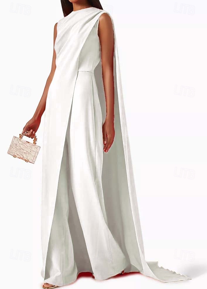 Combinaisons robe de soirée élégante invité de mariage train traînant sans manches col rond crêpe extensible avec drapés 2025 de 2025 ? $178.99 –P4