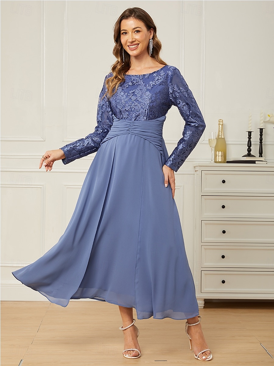 Dame Normal Maxikjole Blonde kjole Chiffonkjoler Elegant Stilfull Fest Bryllupsgjest Stevnemøte Normal Helfarge Langermet Crew-hals Blå Sommer 2025 - $72.99 –P4