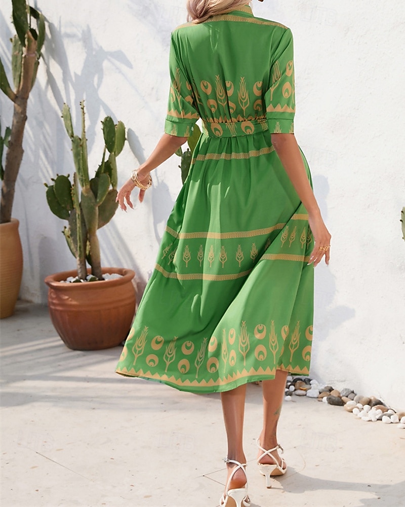 Pentru femei Rochie Lunga Rochie Maxi Rochie casual Rochie de vară Rochie Boho Modă În aer liber Concediu Dată Fit regulat Vopsire Lungime Manșon 3/4 Guler Cămașă Negru Alb Trifoi Vară Primăvară 2025 - $26.99 –P4