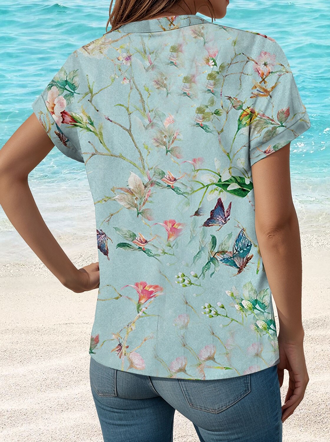 Dame Skjorte Blomster Stilig Strand Kortermet Skjorte Krage Vanlige Topper Daglig Knapper Trykk Grønn Vår Høst 2025 - $29.99 –P2