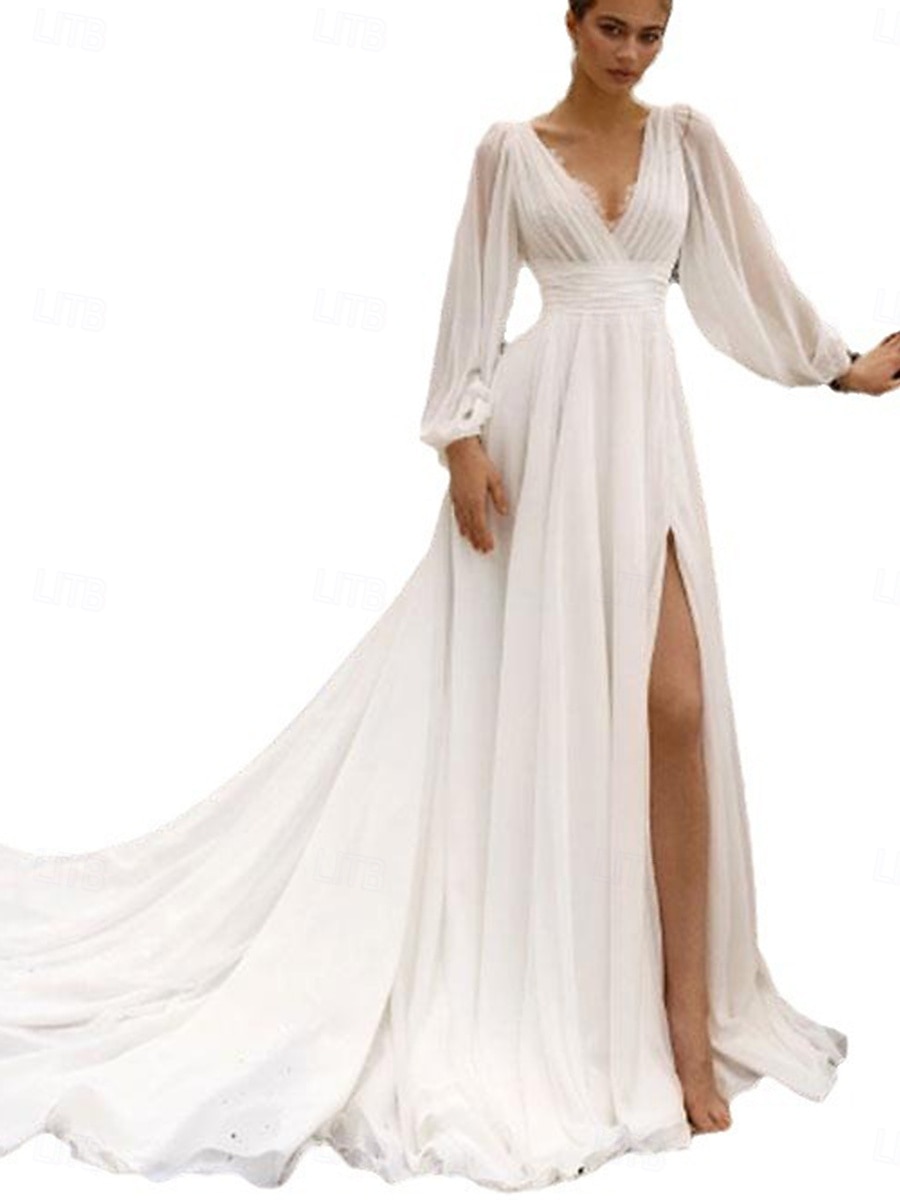 Abiti da sposa Linea-A A V Cinghie Regolari Strascico da cappella Tulle Abiti da sposa Con A pieghe Con ruche 2025 del 2025 a $180.99 –P7