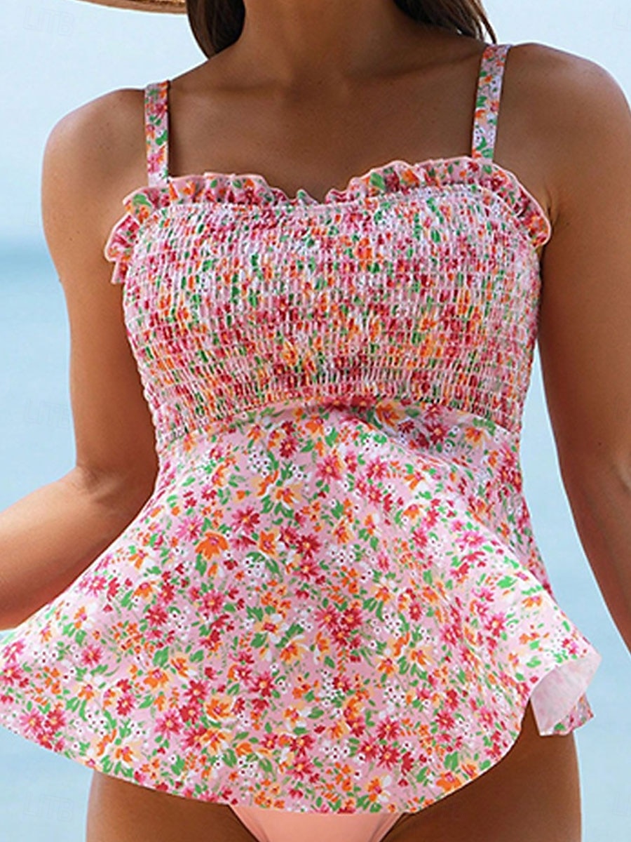 Women's Swimwear 2 Piece Cheeky Swimsuit Backless Tummy Control High Waist Slim Vacation Beach Wear Floral U Neck Sleeveless Bathing Suits 2025 - $23.99 –P5