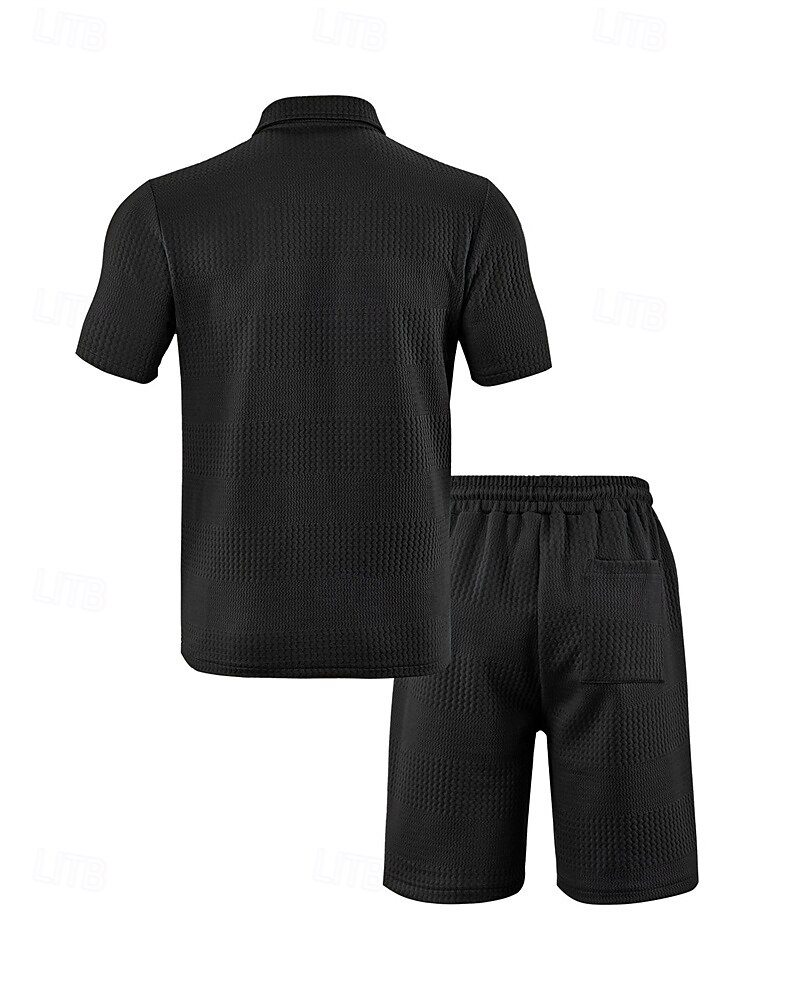 Férfi Jacquardszövet Melegítő Pólóing és rövidnadrág Készlet Outfit készlet Hajtóka Szabadtéri Napi Sport Zseb Zsinór 2 db Sima Fekete Fehér Sötétkék Poliészter Sportruházat Klasszikus Alkalmi Nyár 2025 - $35.99 –P20