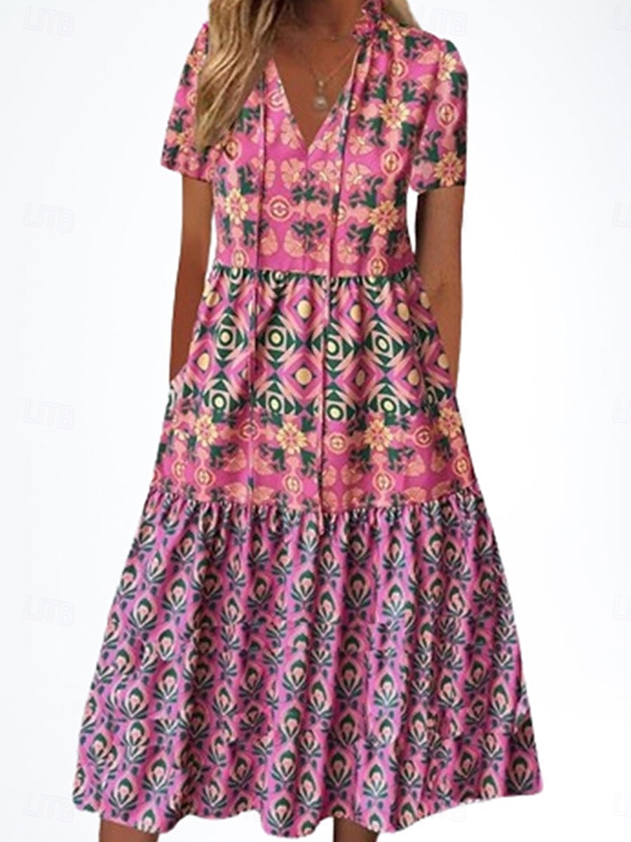 Dam Midiklänning Vardagsklänning Boho-klänning Stylish Ledigt Semester Ledigt Dagligen Lös passning Blommig Kortärmad V-hals Rodnande Rosa Sommar Vår 2025 - $35.99 –P4