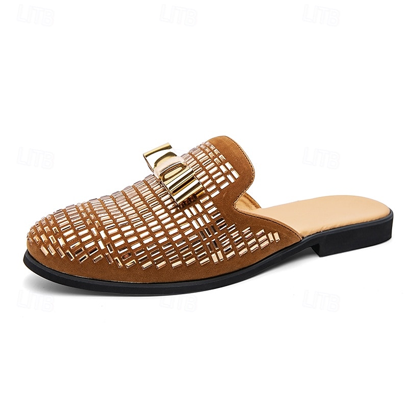 Herren-Slipper aus braunem Wildleder mit metallisch-goldenen Nieten und Schleifenakzent – stilvolle Freizeit-Loafer für den Alltag und besondere Anlässe 2026 - $46.99 –P3
