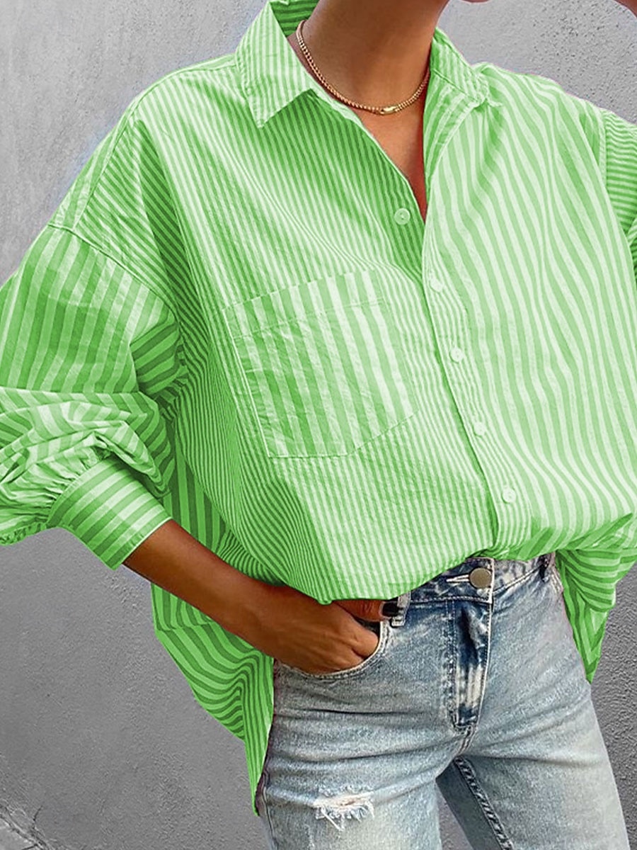 Women's Shirt Blouse Striped Elegant Daily Stylish Long Sleeve Shirt Collar Regular Tops Daily Holiday Going out Buttons Pocket Yellow Pink Green Spring Fall 2025 - $29.99 –P6