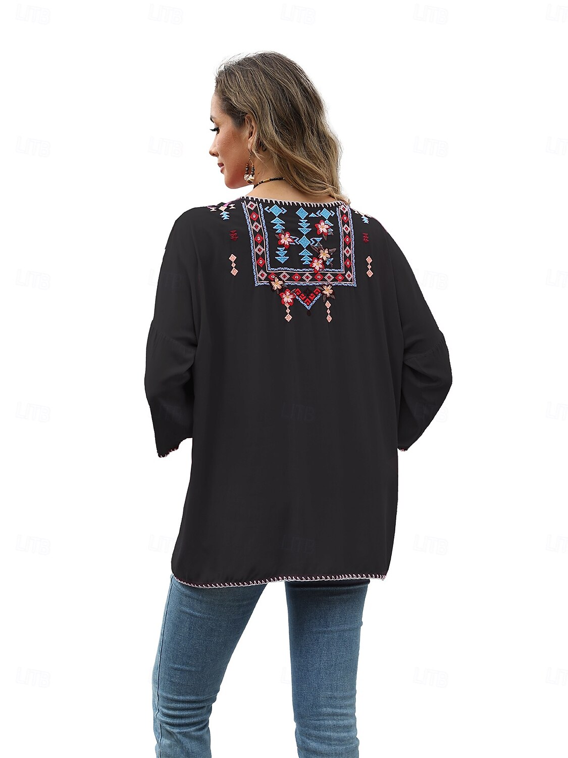 Dame Boho skjorte Helfarge Blomstret Bohem Daglig Luksuriøs 3/4 ermer 3/4-ermer Crew-hals Vanlige topper Arbeid Daglig Ut på byen Broderi Svart Gul Rose Rosa Sommer 2025 - $52.99 –P3