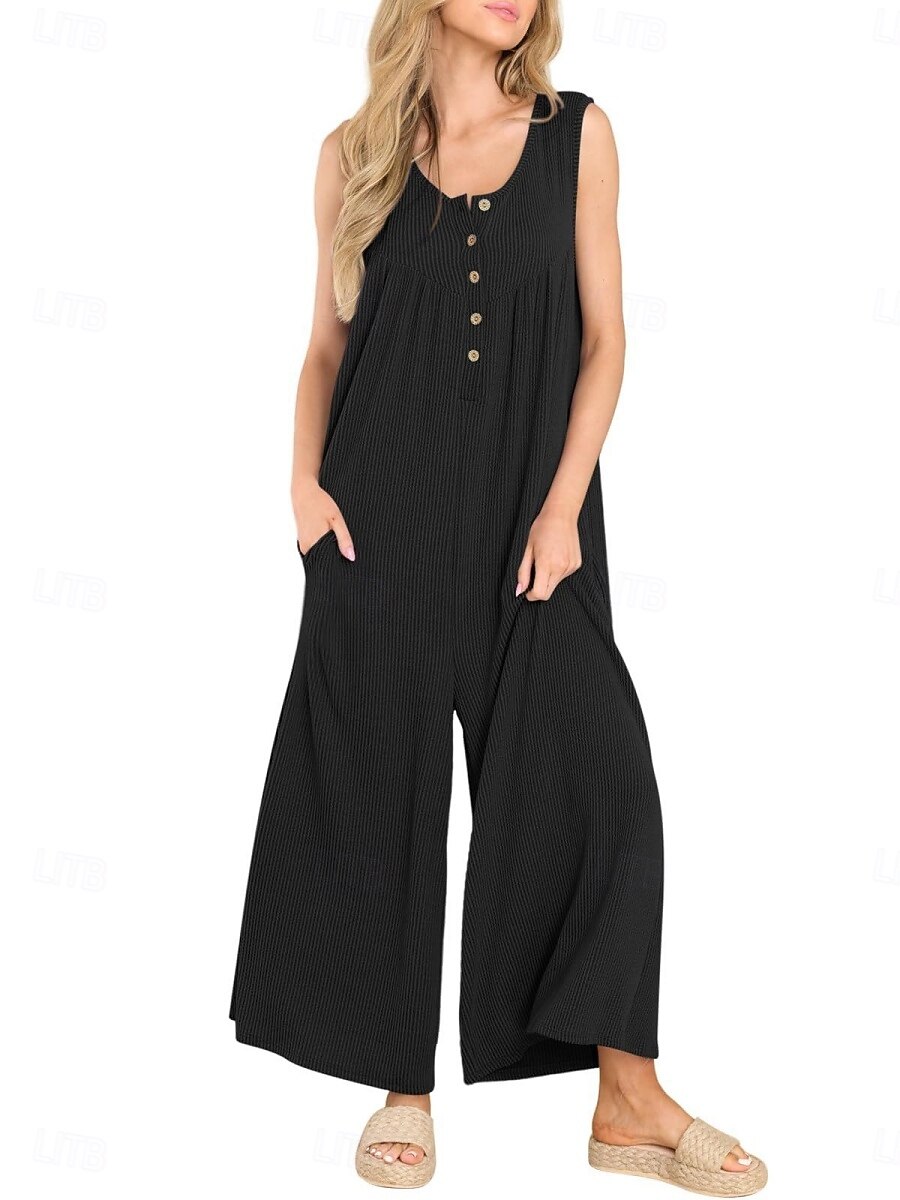 Női Szabályos Jumpsuitek Aktív Tömör szín Ujjatlan U-alakú Gombok Zseb Vakáció Napi Normál Fekete Sötétkék Medence Nyár 2025 - $32.99 -P14