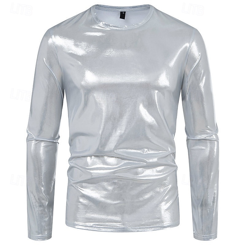 Men's Tee Tee Top Long Sleeve Shirt Long Sleeve Crew Neck Spring &  Fall Plain Fashion Designer Shiny Metallic Vacation Street Going out Silver Green Red Top Tee for Men 2025 - $21.99 –P10