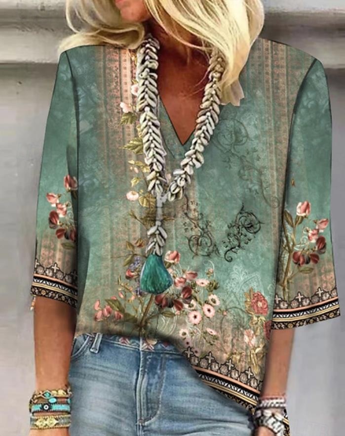 Dame skjorte knappebluse blomster daglig grunnleggende 3/4 lengde erme V-hals vanlig topper daglige trykk grønn sommer vår 2025 - $25.99 –P1