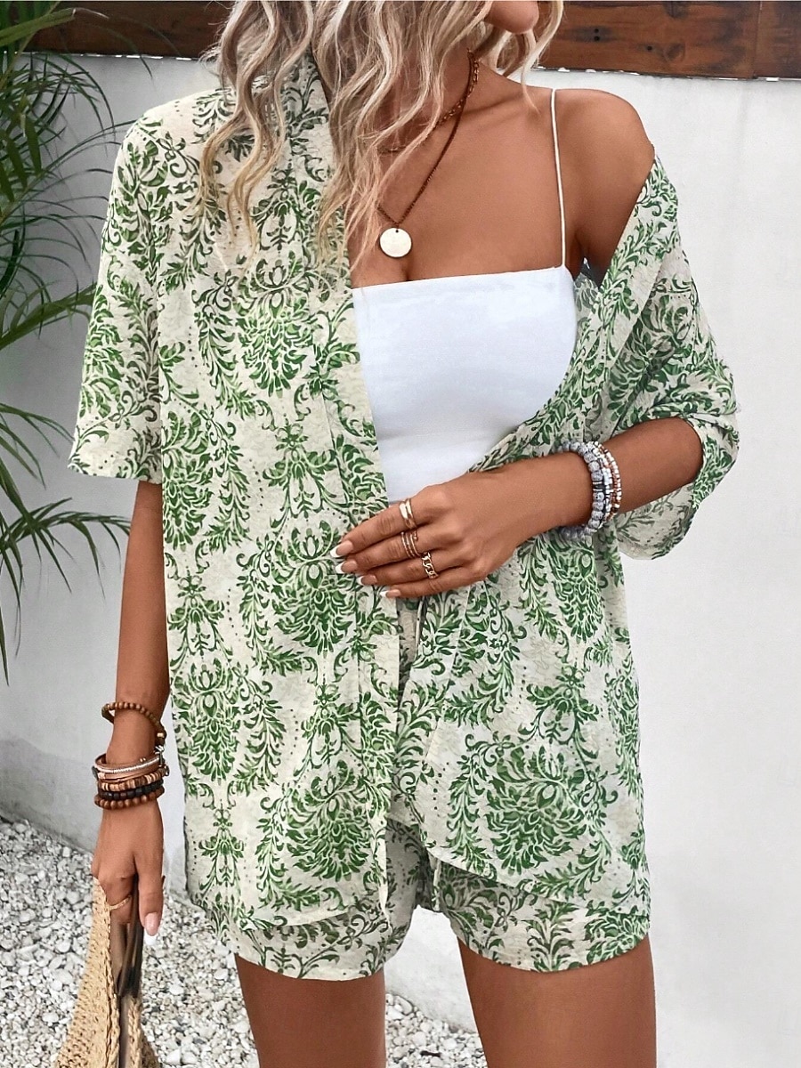 Pentru femei Elegant Modă Șic Stradă Cămașă Bluză Pantaloni scurți largi Manșon Jumate În V Grafic Imprimeu În aer liber Muncă Casual Negru Maro Trifoi Vară Fit regulat 2025 - $39.99 –P9