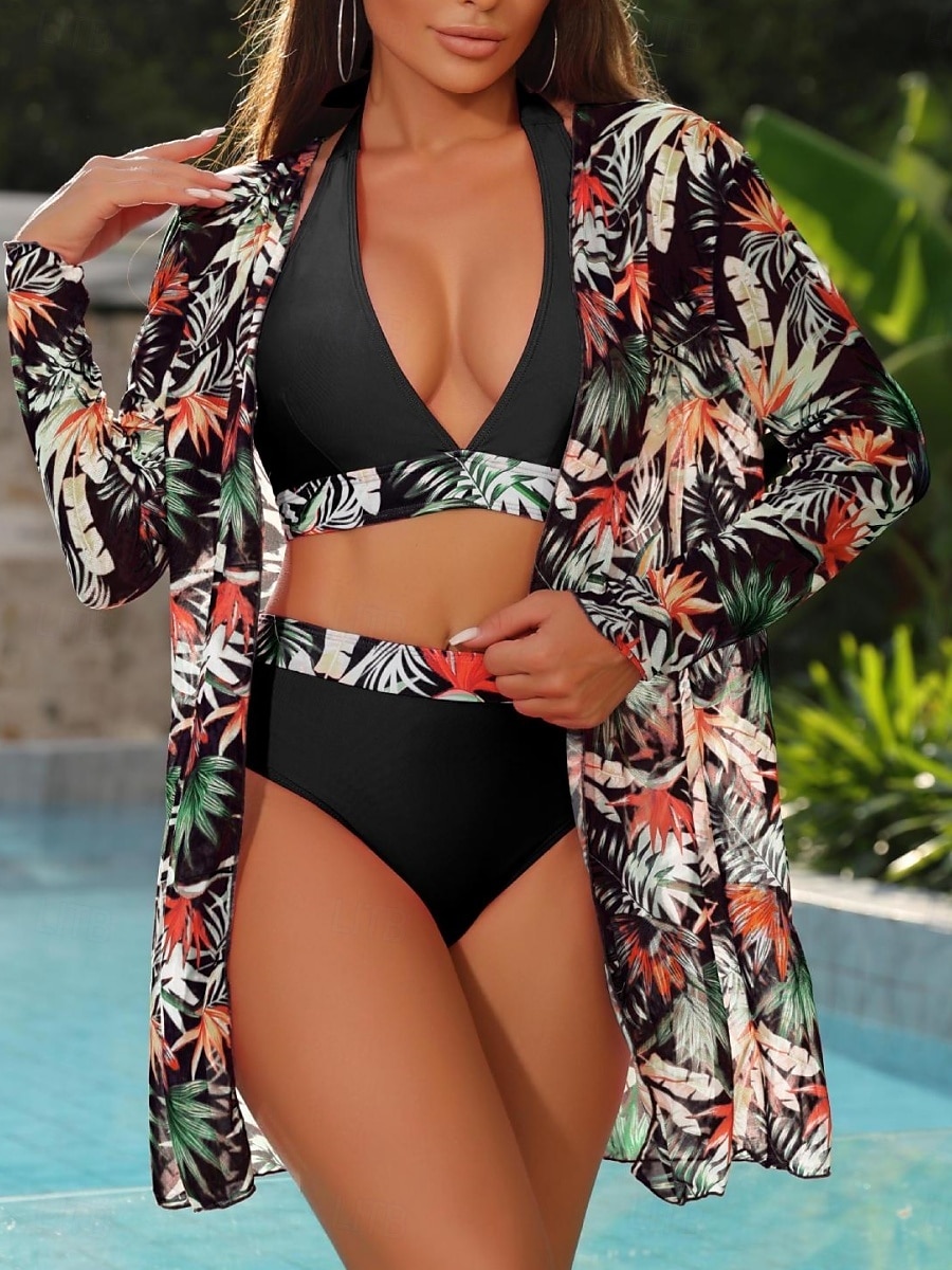 Dam Badkläder Bikini Tre delar Kalsonger Baddräkt Öppen rygg Smal Hög midja Semester Standkläder Blommig Halterneck Långärmad Baddräkter 2025 - $33.99 –P12