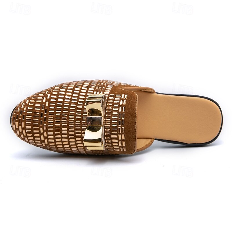 Herren-Slipper aus braunem Wildleder mit metallisch-goldenen Nieten und Schleifenakzent – stilvolle Freizeit-Loafer für den Alltag und besondere Anlässe 2026 - $46.99 –P5