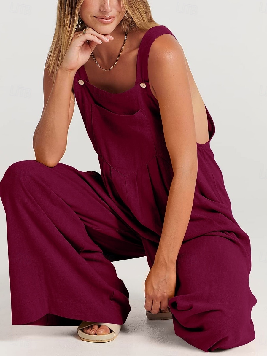 Femme Normal Salopette Actif Couleur unie Sans Manches Col Rond Boutons Poche Vacances du quotidien Standard Jaune Vin Abricot Eté de 2025 ? $26.99 –P3