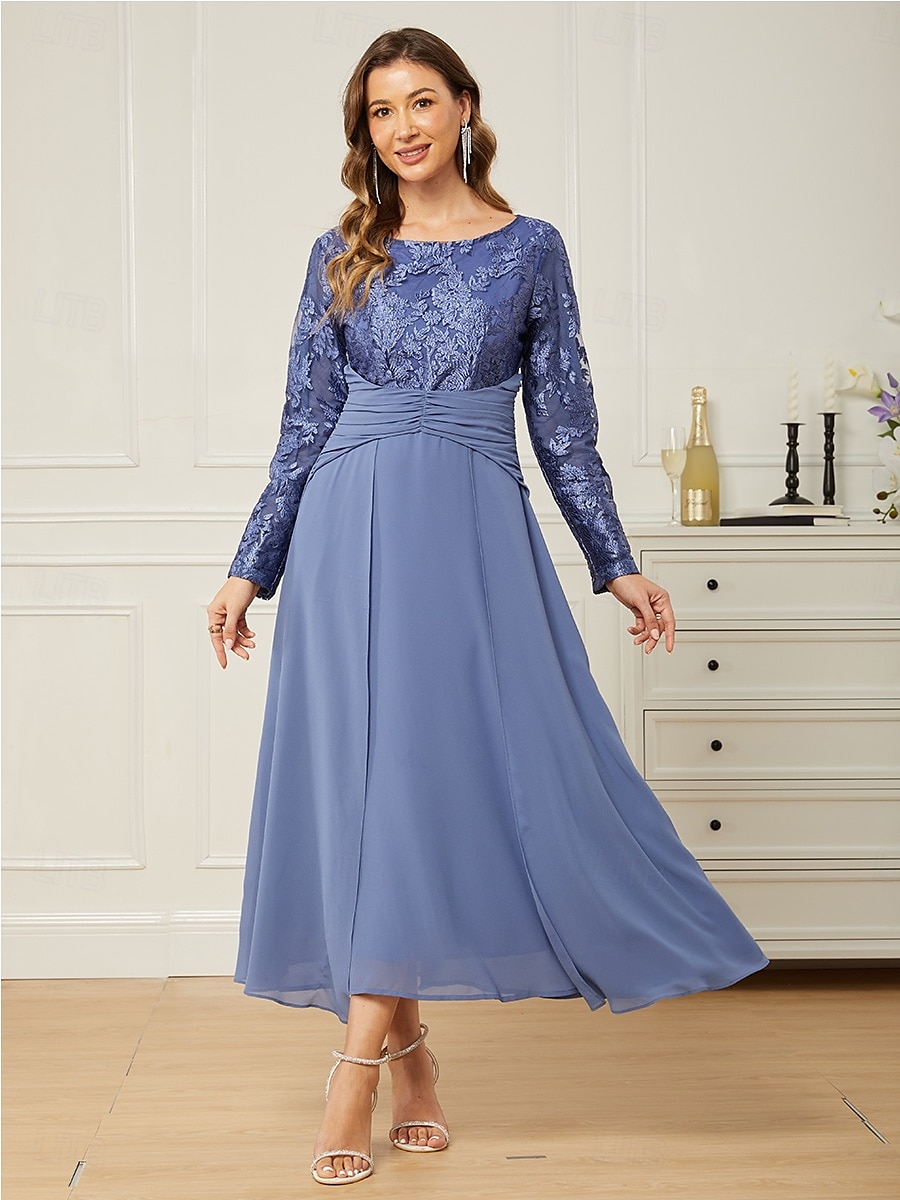 Dame Normal Maxikjole Blonde kjole Chiffonkjoler Elegant Stilfull Fest Bryllupsgjest Stevnemøte Normal Helfarge Langermet Crew-hals Blå Sommer 2025 - $72.99 –P3
